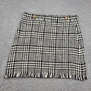 Zara Woman Black White Plaid Tweed Mini Skirt Fringe Hem Gold Buttons L